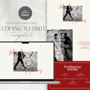 May include: A wedding website template displayed on a laptop and printed materials. The design features a black and white photo of a couple, with red accents and text that reads "Mark & Ashley". The template is fully editable on Canva.