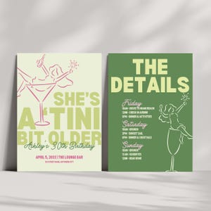 Puede incluir: Una invitación verde y amarilla con el texto "She's a'tini bit older" y "Ashley's 30th Birthday". La invitación incluye una copa de martini con una mujer dentro y un fuego artificial. Los detalles del evento se enumeran en una tarjeta verde separada con el texto "The Details".