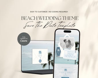 Beach Wedding Save The Date Canva Template, Editable Wedding Website Template Animated Digital Save The Date DIY
