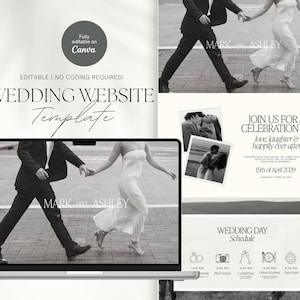 May include: A black and white wedding website template displayed on a laptop. The design includes photos of a couple, the text "WEDDING WEBSITE Template", and the words "MARK and ASHLEY". The template is fully editable on Canva.