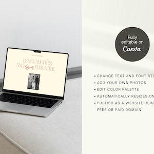 May include: A laptop displaying a wedding invitation design with the text "LOVE LAUGHTER AND happily EVER AFTER". The design includes a black and white photo of a couple. The image also includes the text "Fully editable on Canva".