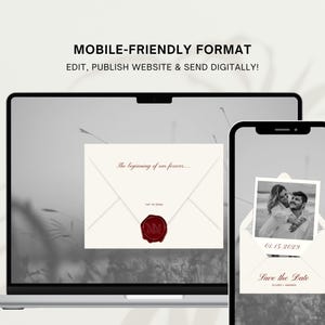 May include: A laptop and smartphone display a digital wedding invitation. The invitation features a photo, date, and the text "Save the Date." The laptop screen shows an envelope design with the text "The beginning of our forever..." and a wax seal.
