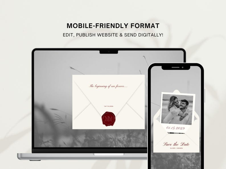 May include: A laptop and smartphone display a digital wedding invitation. The invitation features a photo, date, and the text "Save the Date." The laptop screen shows an envelope design with the text "The beginning of our forever..." and a wax seal.