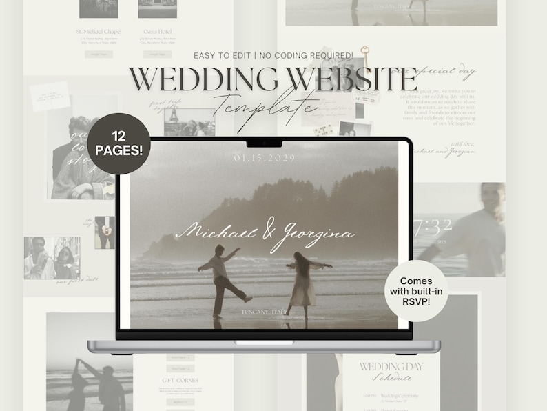 May include: A laptop displays a wedding website template with the text "WEDDING WEBSITE Template". The screen shows a beach scene with the names "Michael & Georgina". The design includes 12 pages and built-in RSVP.