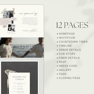 May include: A digital wedding invitation template with a minimalist design. The layout includes photos, text, and a countdown timer. The text reads "our special day" and lists 12 pages, including Homepage, Invitation, and RSVP.