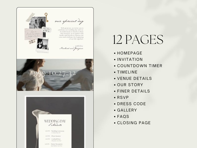 May include: A digital wedding invitation template with a minimalist design. The layout includes photos, text, and a countdown timer. The text reads "our special day" and lists 12 pages, including Homepage, Invitation, and RSVP.