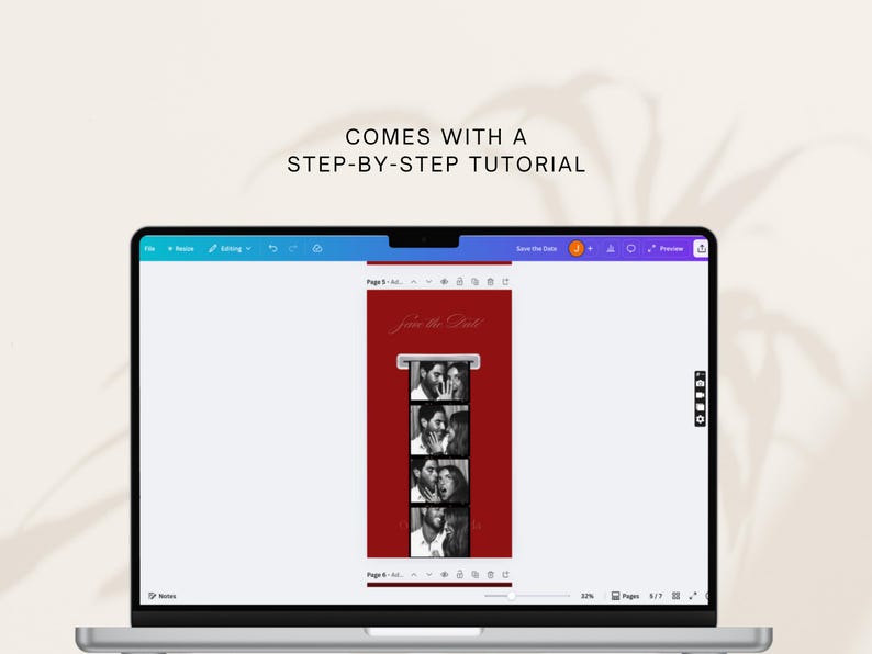 May include: A laptop screen shows a wedding invitation template with a photo booth strip design. The template has a red background with the words "Join the Date" and black and white photos. The text "COMES WITH A STEP-BY-STEP TUTORIAL" is at the top.