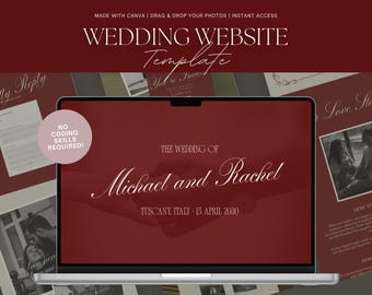 Elegant Wedding Website Template, Editable Canva Invitation (Digital Download), Vintage Old-Money Aesthetic Burgundy Wedding Theme