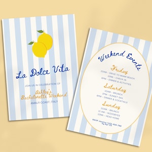 Modello di itinerario per l'addio al nubilato La Dolce Vita, invito per il weekend dell'addio al nubilato sulla costa italiana, festa di addio al nubilato That's Amore, ultimo addio al nubilato Spritz