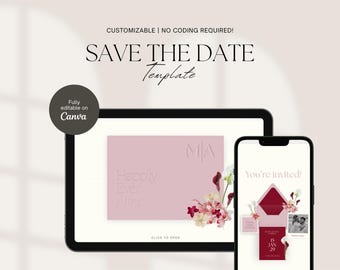 May include: A digital wedding invitation template displayed on a tablet and smartphone. The template features a pink envelope design with floral accents and the text "Save the Date." The tablet displays "Happily Ever After."