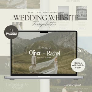 Könnte beinhalten: Ein Laptop zeigt eine Hochzeitswebsite-Vorlage mit dem Text "Wedding Website Template". Der Bildschirm zeigt ein Paar mit Bergen im Hintergrund. Das Design umfasst 11 Seiten und ein integriertes RSVP.