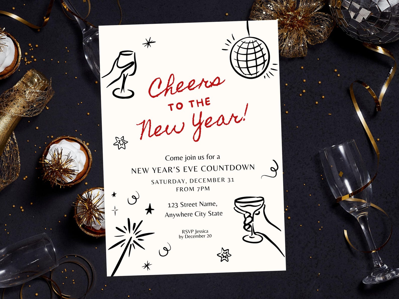 New Years Party Invitation Template, NYE Party Invite, Editable