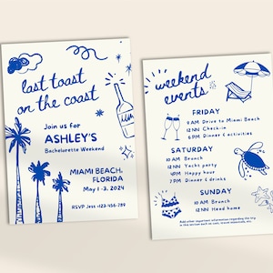 Hand Drawn Coastal Bachelorette Invitation and Itinerary Template, Beach Bachelorette, Last Toast On The Coast Bach Party Weekend Itinerary