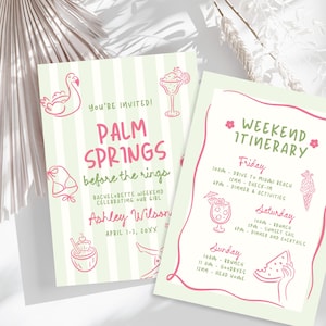 Palm Springs Bachelorette Invitation and Itinerary Template, Coastal Bachelorette Invite, Hand Drawn Beach Bach Party Weekend Itinerary