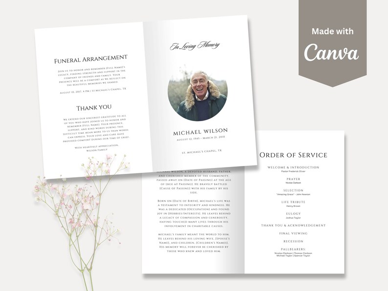 Simple Funeral Program Template Editable Black and White Etsy