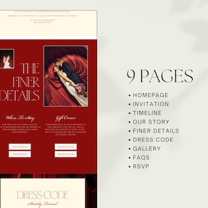 May include: A wedding website design with a burgundy and cream color scheme. The design includes the text "The Finer Details" and "Dress Code Strictly Formal". The website has 9 pages, including Homepage, Invitation, Timeline, and FAQs.