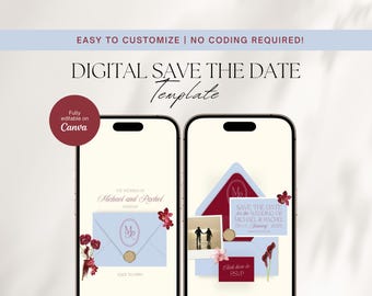 Elegant Wedding Save the Date Website Template, Animated Envelope Design (Digital Download), Blue and Burgundy Wedding Theme Invite