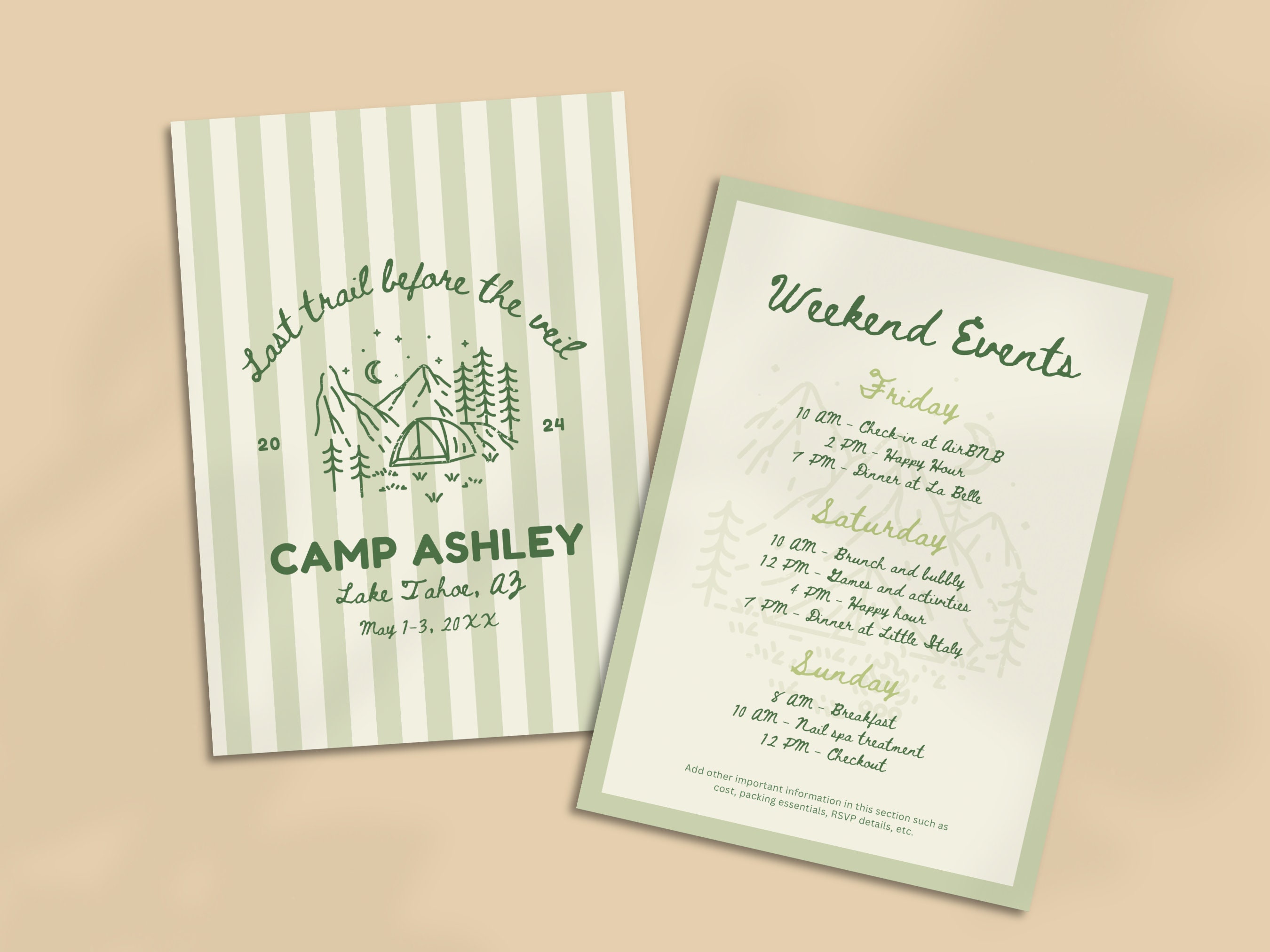 Camp Bachelorette Party Invitation and Itinerary Template | Mountain ...