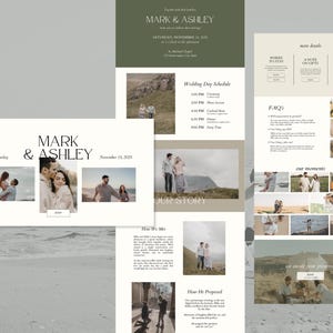 Puede incluir: Un sitio web de boda con un diseño minimalista que presenta fotos de la pareja, un programa del día de la boda e información sobre el lugar de la boda. El sitio web también incluye una sección de preguntas frecuentes (FAQ) y una galería de fotos de la relación de la pareja.
