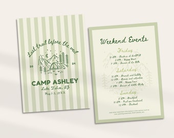 Camp Bachelorette Party Invitation and Itinerary Template | Mountain Bachelorette Girls Trip Weekend Invite Hike Last Trail Before The Veil