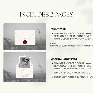 May include: Digital wedding invitation template with two pages. The front page features an envelope with a red wax seal. The main invitation page includes a photo and the text "Save the Date". Includes options to change colors, text, and fonts.