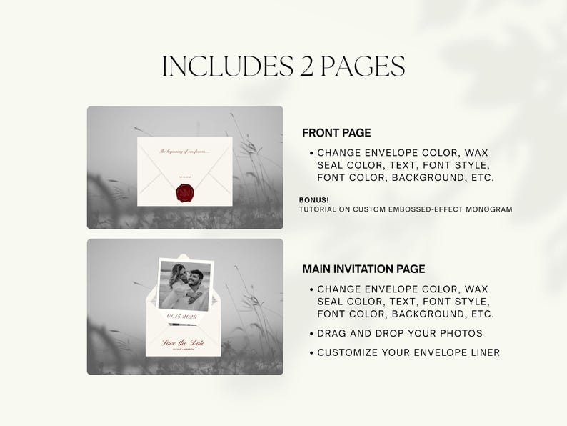 May include: Digital wedding invitation template with two pages. The front page features an envelope with a red wax seal. The main invitation page includes a photo and the text "Save the Date". Includes options to change colors, text, and fonts.