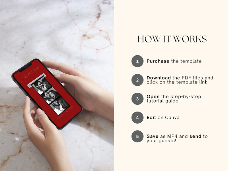 May include: A mobile phone shows a red screen with a photo booth strip of black and white images. The phone is held in two hands. Text on the right side reads "HOW IT WORKS" with numbered steps for using a template.