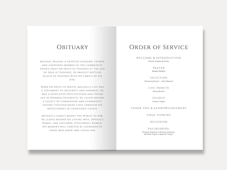 Simple Funeral Program Template Editable Black and White - Etsy