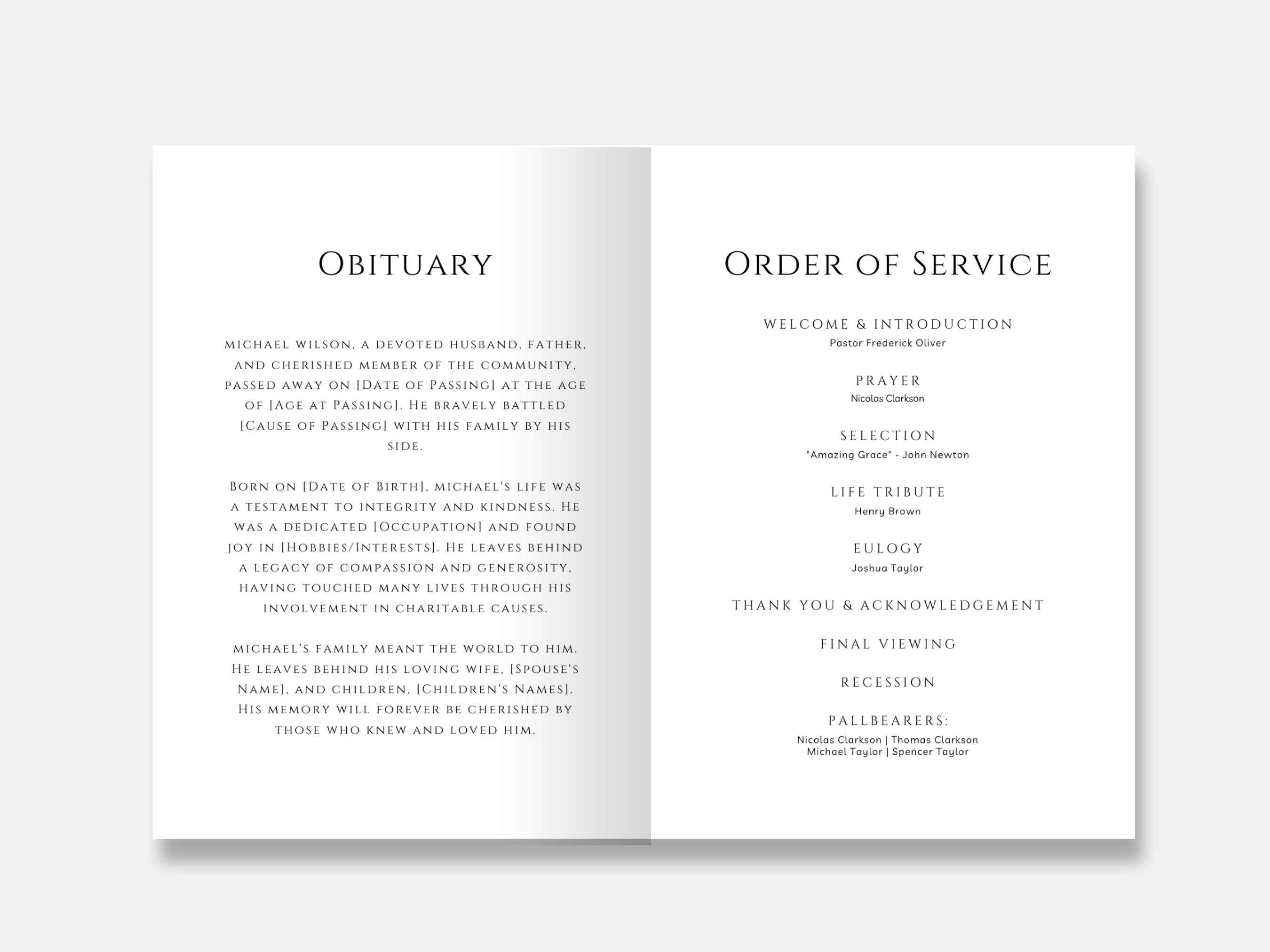 Simple Funeral Program Template Editable Black and White Etsy