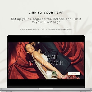 May include: A laptop displays a wedding RSVP page with the text "WE WAIT YOUR PRESENCE!" against a red backdrop. The screen also shows the date "04.15.2029" and an RSVP button. Above the screen, text reads "LINK TO YOUR RSVP".