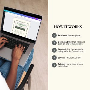May include: A laptop computer screen displaying a printable scavenger hunt template. The screen shows a green and white design with the text "Scavenger Hunt". The image also includes a list of steps on how to use the template, including purchasing, downloading, editing, saving, and printing.