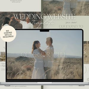 May include: A laptop displays a wedding website template with the text "WEDDING WEBSITE Template". The screen shows a couple with the text "OLIVER & RACHEL, TUSCANY, ITALY, 15 APRIL 2040". The words "NO CODING SKILLS REQUIRED!" are in a circle.