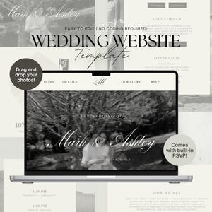 以下が含まれることがあります： ノートパソコンの画面に表示されたデジタル結婚式ウェブサイトテンプレート。Wedding Website Template、Mark & Ashley、Drag and drop your photos、Comes with built-in RSVPというテキストが含まれています。レイアウトにはHome、Details、Our Story、RSVPのセクションがあります。
