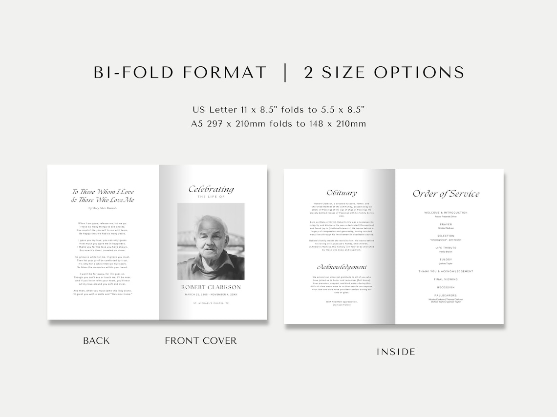 Editable Funeral Program Template Bifold Memorial Program Etsy