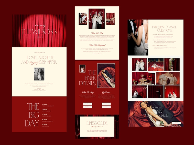 May include: A wedding invitation suite with a burgundy and cream color scheme. The design includes text that reads "The Wilsons", "Love Laughter and Happily Ever After", and "The Big Day". The suite also features photos of the couple and event details.