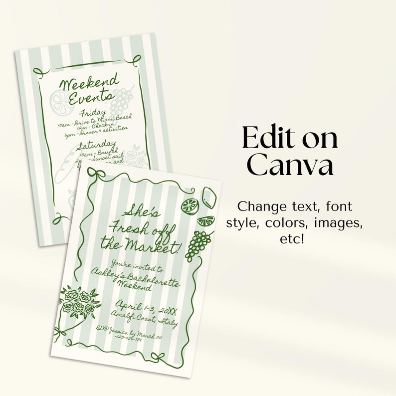 Fresh Off The Market Bachelorette Itinerary and Invitation Template, Editable Farmer's Market Bridal Shower Invite, She's Off The Market