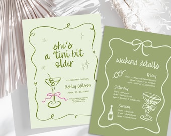 A Tini Bit Older Birthday Party Invitation Template, Editable Birthday Weekend Itinerary Girls Trip, Martini Theme Birthday Dirty Thirty