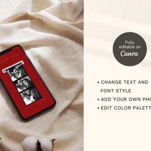 May include: A smartphone with a red screen displays a photo strip of black and white images. The phone is on a beige fabric surface. The text "Join the Date" is at the top of the screen.