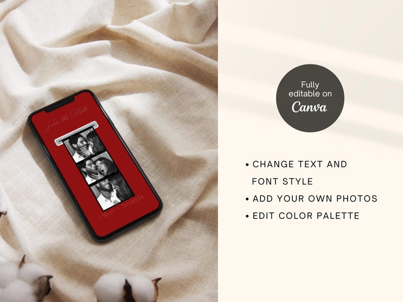 May include: A smartphone with a red screen displays a photo strip of black and white images. The phone is on a beige fabric surface. The text "Join the Date" is at the top of the screen.
