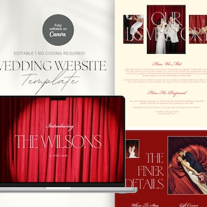 May include: A wedding website template with a laptop displaying a red curtain design and the text "Introducing THE WILSONS". The design includes sections for "Our Love Story" and "The Finer Details". The template is fully editable on Canva.