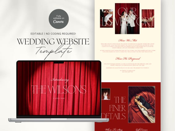 Vintage Red Theme Wedding Website Template, Editable Online Wedding Invitation Canva Template, Old Money Aesthetic Wedding RSVP