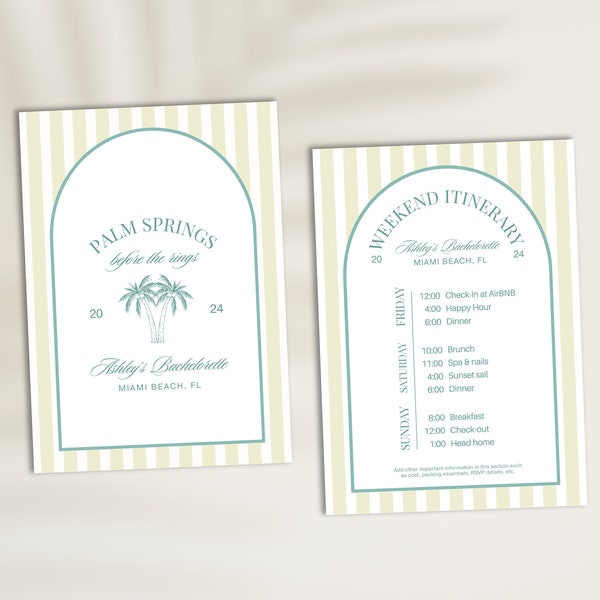 Palm Springs Bachelorette Invitation and Itinerary Template, Coastal Bachelorette Invite, Beach Bach Party Weekend Itinerary, Hen Do Invite
