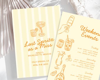 Last Spritz As A Miss Bachelorette Invitation and Itinerary Template, Coastal Bachelorette Invite, Beach Bach Party Weekend Itinerary