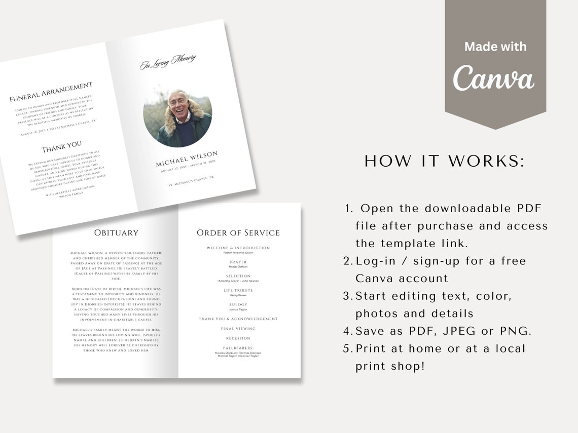 Simple Funeral Program Template Editable Black and White - Etsy