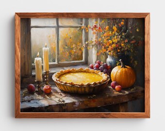 Rustic Thanksgiving Pie Still Life - Cozy Autumn Decor, Festive Farmhouse Painting, Pumpkin, Apples, Grapes, Fall Wall Art Printable 23