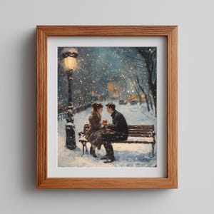 May include: A framed print depicts a romantic winter scene. A couple sits on a park bench under a lamppost, with snow falling around them. The artwork is in a painterly style, with soft colors and a focus on the couple's interaction.