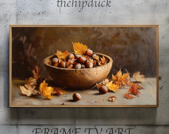 Cornice rustica con natura morta autunnale, decorazione per la TV, accogliente dipinto in stile fattoria, ciotola di legno con ghiande, download di arte digitale del raccolto autunnale 82