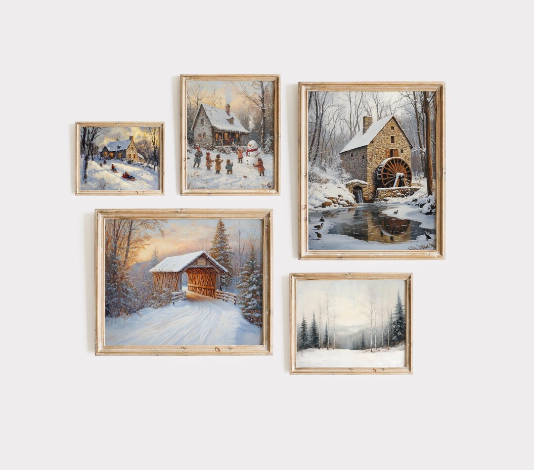 Cottagecore Winter Landscape Printable Wall Art Set of 5, Cozy Snowy ...