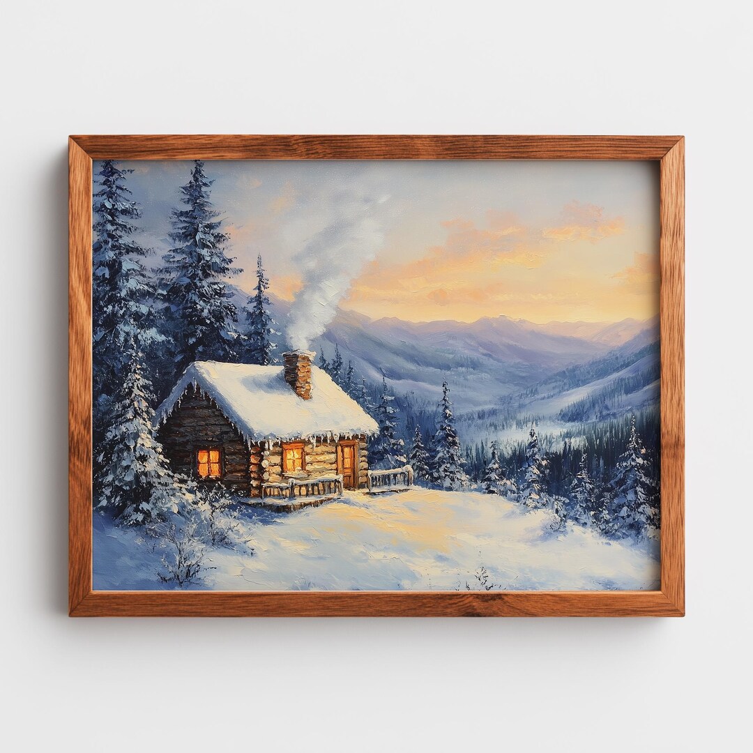 Cozy Mountain Cabin Printable Wall Art - Rustic Winter Landscape, Snowy ...