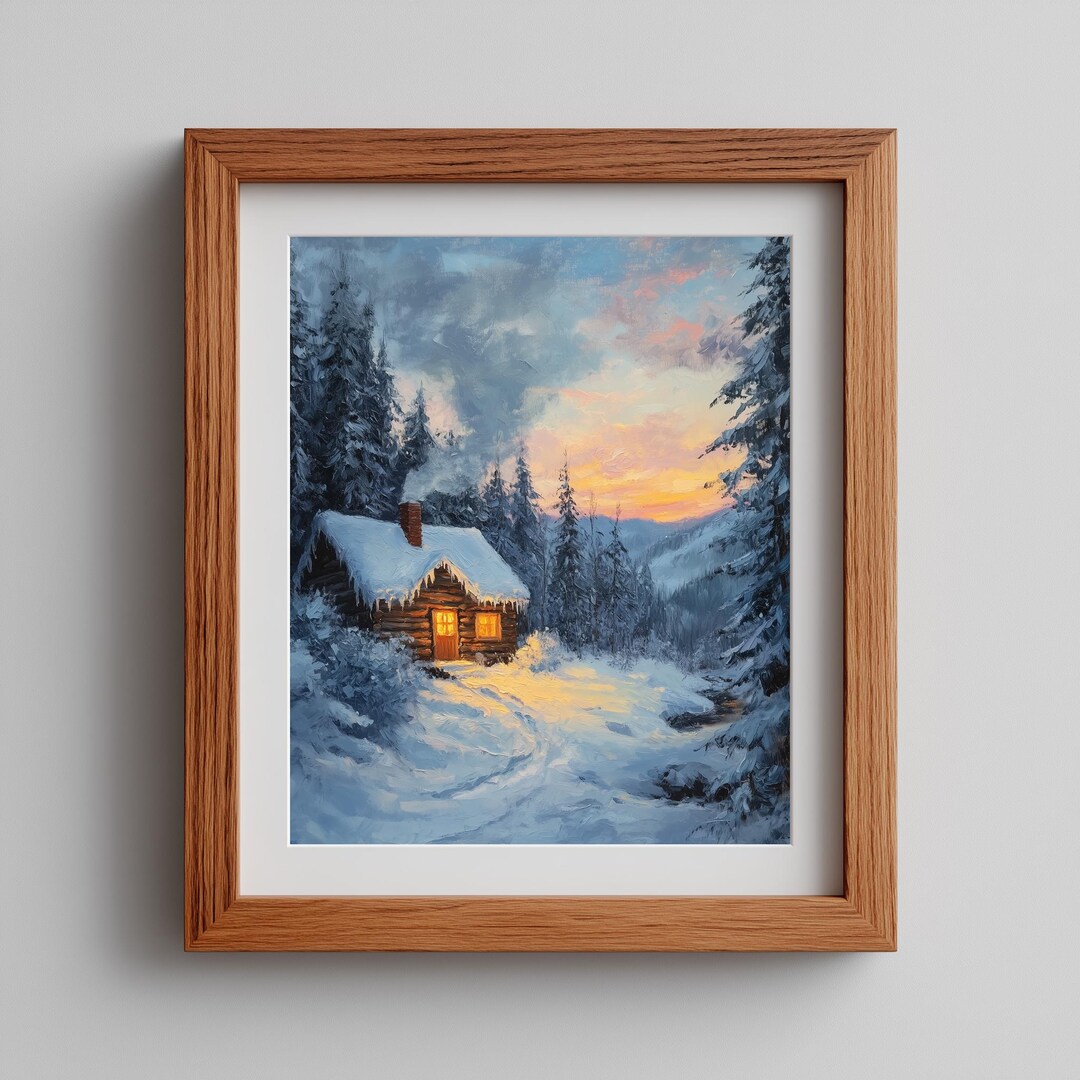 Winter Cabin Printable Wall Art - Cozy Oil Painting of Snowy Mountain ...